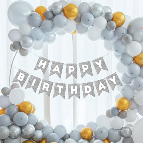 Silver Happy Birthday Banner for All Ages - Party Decoration Garland