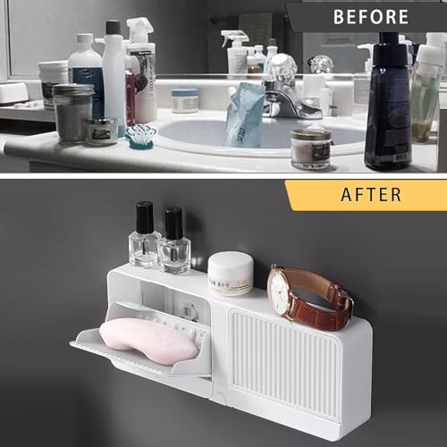 PEFWO 2-in-1 Wall Mounted Soap Holder with Hooks - Self-Draining White