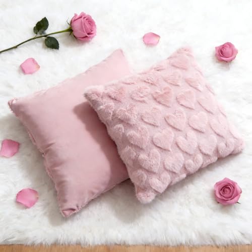 JoraLion 18x18 Plush Heart Throw Pillow Covers - Set of 2, Pink