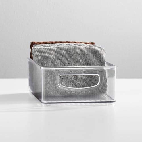 mDesign Small Plastic Storage Organizer Container Bin, Closet Organization for Hallway, Bedroom, Linen, Coat, Entryway - Holds Clothing, Blankets, Accessories, Toys - Ligne Collection, 4 Pack, Clear