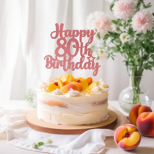 Rose Gold Happy 80th Birthday Cake Topper - Elegant Glitter Decoration