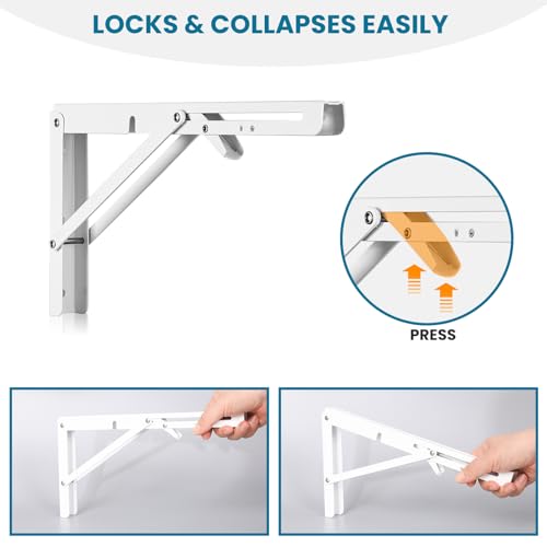 Paysky 8 Inch White Folding Shelf Brackets Set of 2 Heavy Duty Wall-Mounted Space Saving DIY