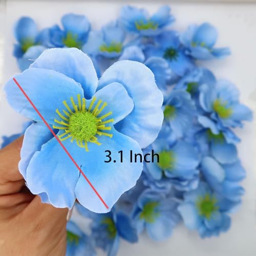 Artificial Poppy Flower Heads 20pcs Light Blue Silk Fake Flowers
