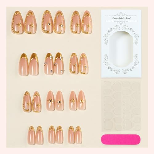 Press on Nails Medium Almond French Tip Gold Star False Acrylic Nails