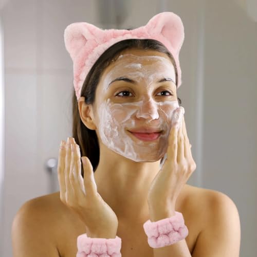 JazSwirl 3-Piece Skincare Headband and Wristband Set - Plush Cat Ear Design