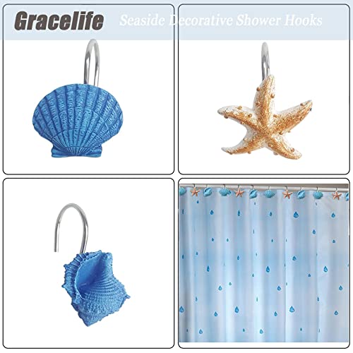 Gracelife Starfish Shower Curtain Hooks - Set of 12 Rust-Proof Resin Rings