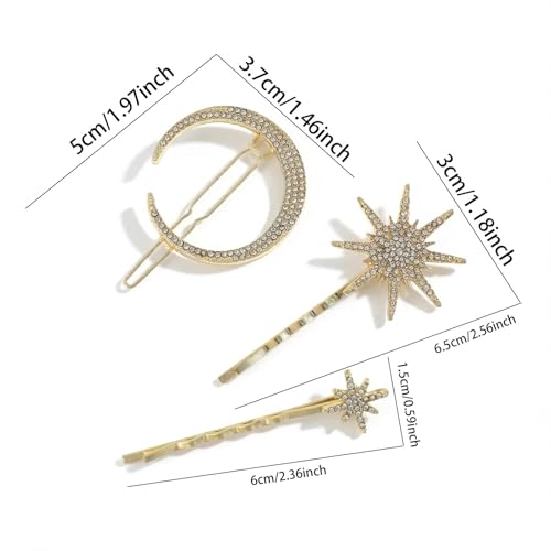 Wouputy 3 Pack Gold Crystal Moon and Star Hair Pins Celestial Accessories