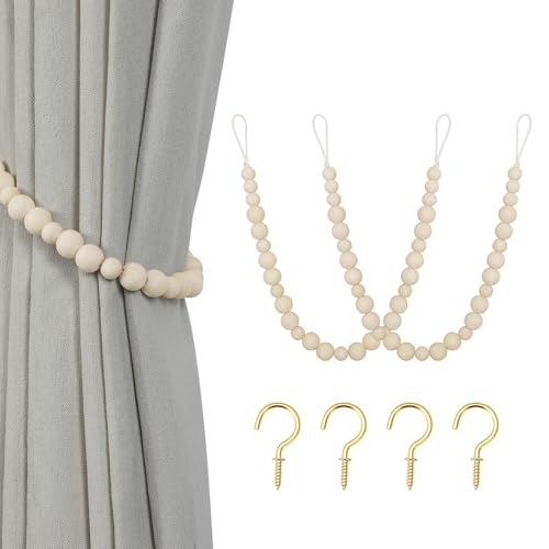 KLOGTSIND Wood Bead Curtain Tiebacks - 2 Pack with Hooks