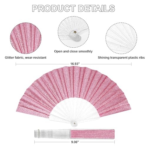EOSAU 9-Inch Pink Glitter Folding Hand Fan - Women’s Clacking Rave Fan