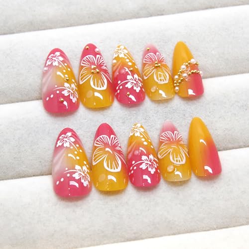 ZOAZJINAZ Long Almond Press on Nails Floral Gradient Fake Nails Kit