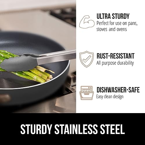 GORILLA GRIP Kitchen Tongs Set - Stainless Steel, 7" & 9", Gray