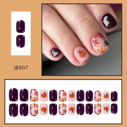 Fall Press On Nails Short Square Pumpkin Leaf Purple False Nails 24pcs
