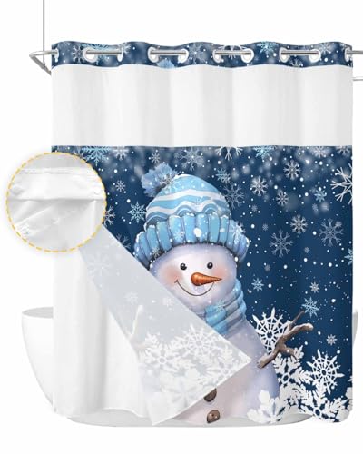 Blue Christmas Shower Curtain with Snap-in Liner - 66x72 Inches - Snowman Winter Design