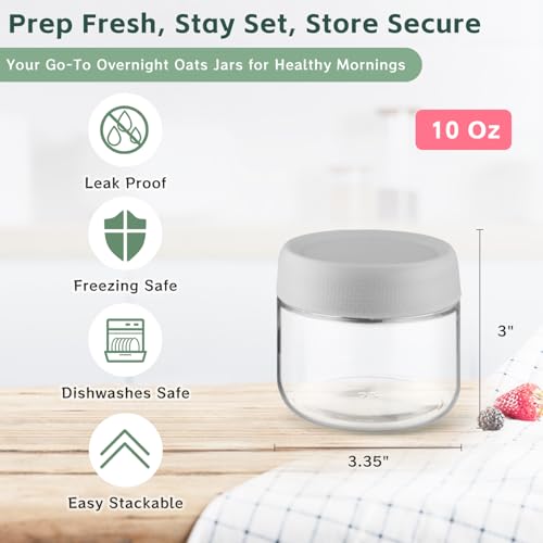 2 Pack Glass Overnight Oats Containers, 10 Oz Stackable Mason Jars with Lids