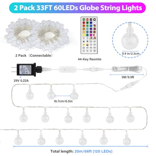 Color Changing Outdoor String Lights 66ft 120LED Waterproof Twinkle Lights - Remote Control
