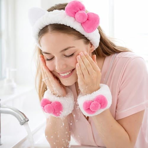 JazSwirl Cat Ear Spa Headband and Wristbands Set for Skincare and Face Washing
