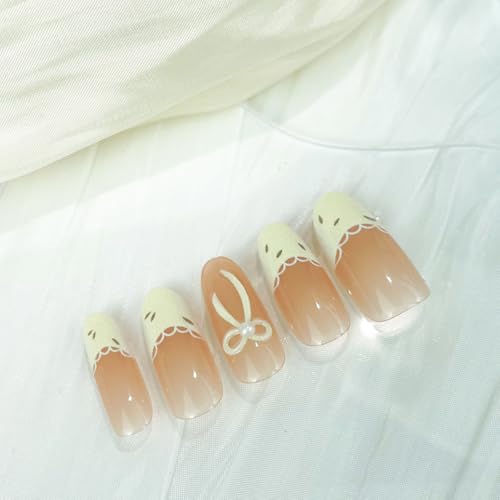 White French Tip Press On Nails with Bows & Pearls - Medium Round False Nails