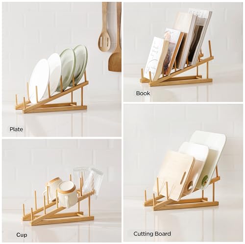 HBlife Bamboo Dish Drying Rack - 5 Slot Stepped Plate & Cup Organizer
