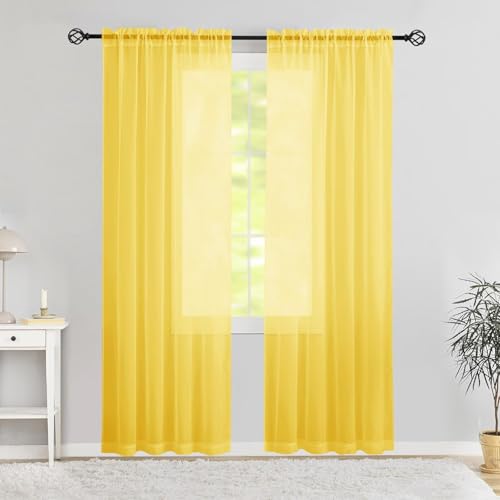 Karseteli Yellow Semi Voile Sheer Curtains 42" W x 84" L - 2 Panels