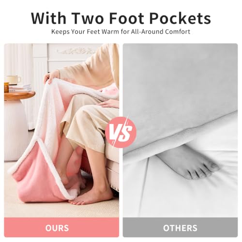 Pink Sherpa Wearable Blanket with Foot Pocket - Oversized Snuggle Robe, 53x69+12 inches