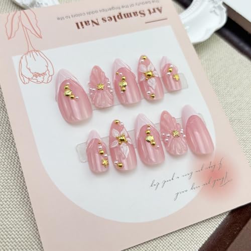 24Pcs Medium Almond Press on Nails with 3D Floral French Tip Design