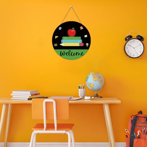 YUNKKIN Classroom Welcome Sign - Apple, Books & Pencils Decor for First Day of School