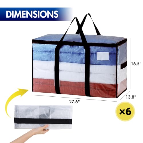 Extra Large Clear Moving Storage Bags with Visible Window - 6 Pack