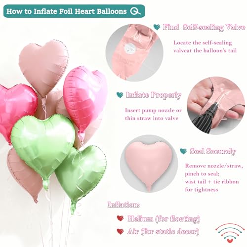 18-Inch Heart Foil Balloons - Pink & Sage Green, 12-Pack