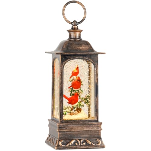 Musical Cardinal Snow Globe Lantern with Swirling Glitter - 10.6 Inch Festive Christmas Decor - 3 Cardinals Variation