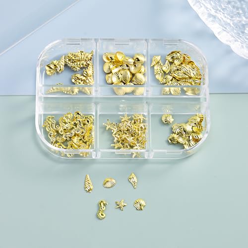 3D Gold Beach Nail Charms - Alloy Starfish & Seashell Ocean Art