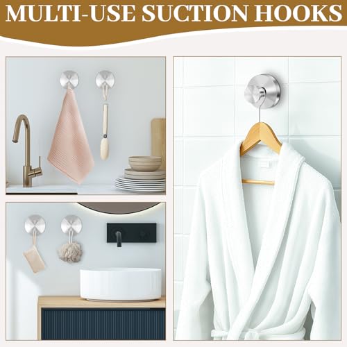 TACGEA Suction Cup Hooks, Removable Heavy Duty Shower Hooks - Brushed Silver 4 Pack