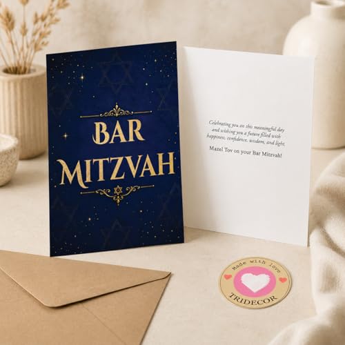 Elegant Bar Mitzvah Greeting Card - 5x7 Navy & Gold Folded Card with Envelope