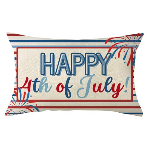 Patriotic 4th of July Throw Pillow Cover, 12x20 Inch Stripe Cushion Case