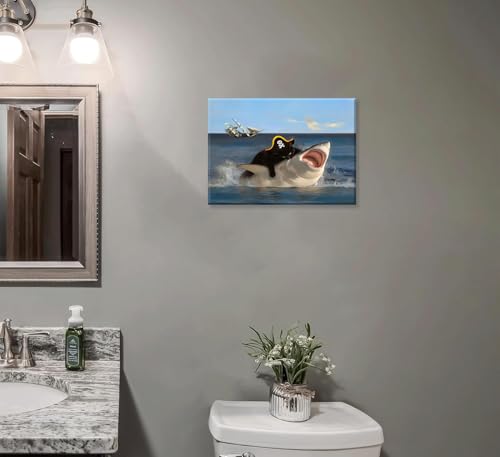 Funny Black Cat Biting Shark Wall Art - 12x16 Unframed Print