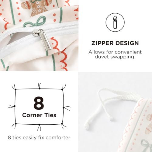 Christmas Duvet Cover Set Queen with Gingerbread Bows and Candy Cane Pattern - No Comforter