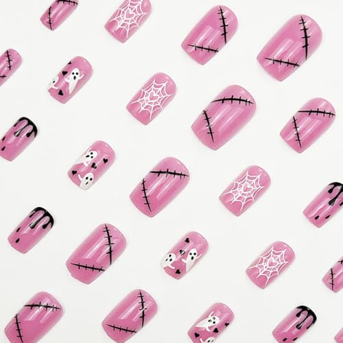Sutaozhi 24Pcs Pink Halloween Ghost Press On Nails Medium Square False Nails