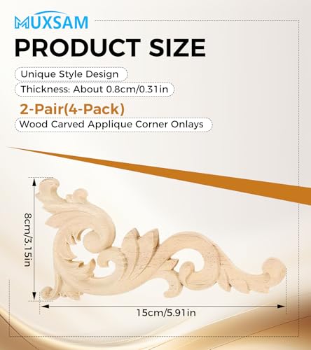 MUXSAM Wood Carved Appliques Onlays - 4-Pack Unpainted Rubber Wood Decals