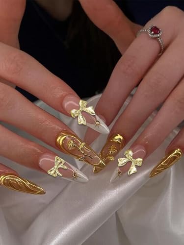 Wsimily 50pcs Gold Bow Nail Charms, 3D Luxury Alloy Bowknot Gems for DIY Manicure