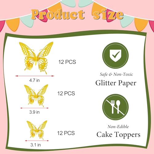 36Pcs 3D Butterfly Cake Toppers - Gold Decorations for Parties