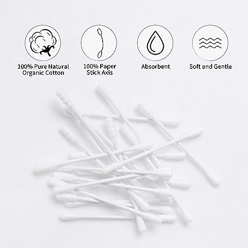 HOMEFOX Organic Cotton Swabs 200 Count Spiral & Round Double Tipped Buds