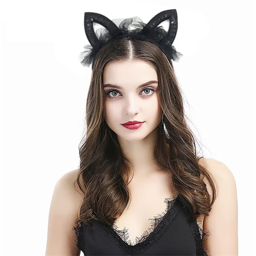 Black Lace Cat Ears Headband with Bow and Polka Dots for Halloween Costume