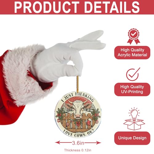 Funny Cow Christmas Ornament 3.6 in Acrylic Farmer Gift