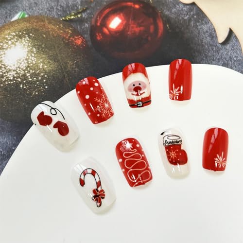 KKUUOO Christmas Press on Nails Square Glossy False Nails Santa Claus Design