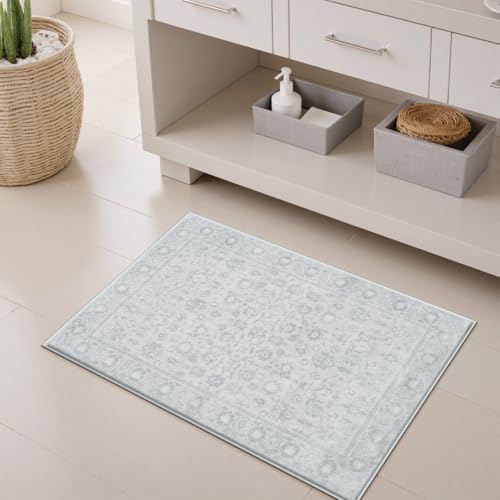 Uphome Boho Bathroom Rug, 18x26 Non-Slip Absorbent Bath Mat, Light Grey