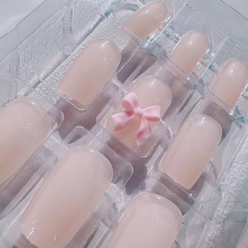 Nude Pink Bow Press on Nails Medium French False Nails 24Pcs