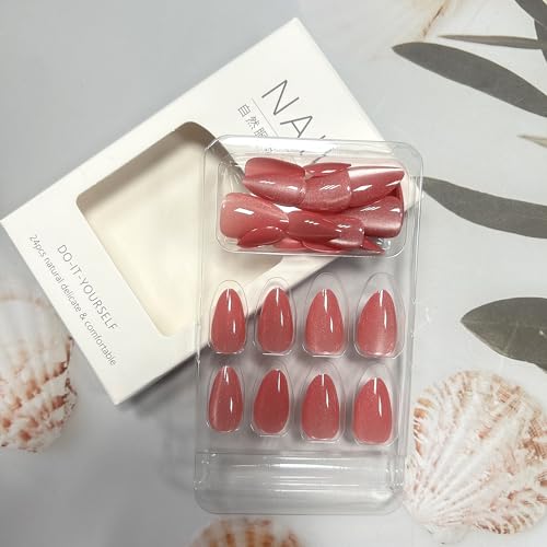 Cat Eye Press on Nails Medium Almond Rose Red French Design 24Pcs