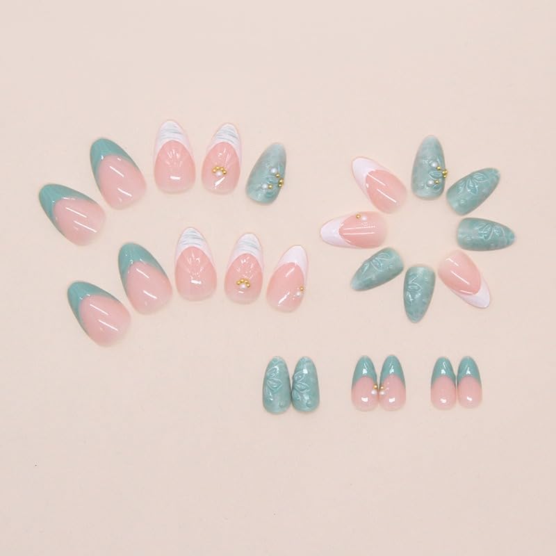 Short Almond Press On Nails White Glossy False Nails With Flower Designs 24 Pcs