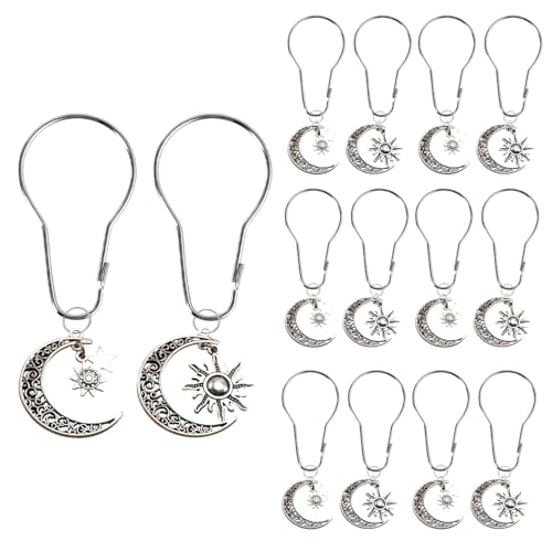 12-Piece Celestial Shower Curtain Hooks, Rust-Proof Metal Sun Moon Stars