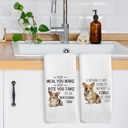 Funny Corgi Kitchen Dish Towels Set of 2 Dog Lover Microfiber Hand Towels