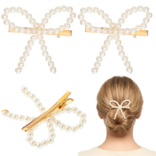 Pearl Hair Clips - 4 Pcs Elegant Bow Hair Accessories Non-Slip Duckbill